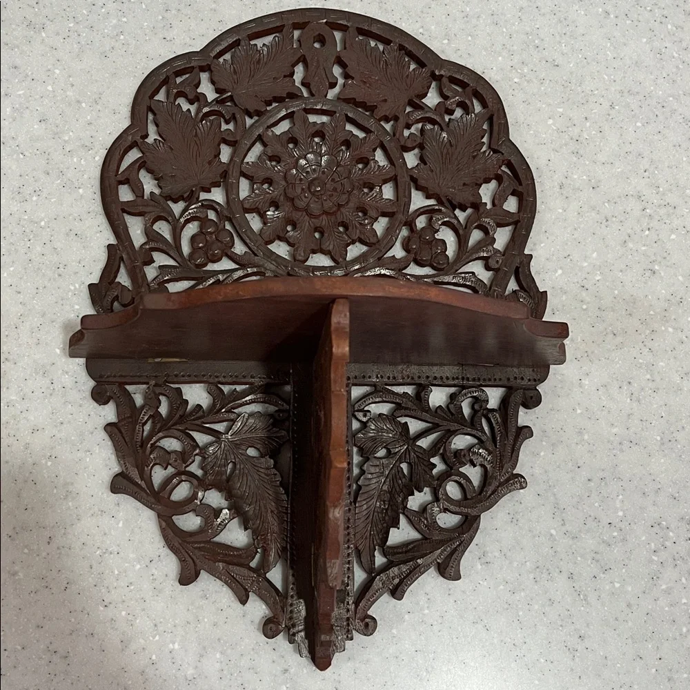 Vtg INDIA Hand Carved Wood Wooden Folding Shelf Intricate Leaf Design Leaves